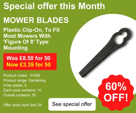 Mower Blades, To Fit Most Mowers With 'Figure Of 8' Type Mounting - Was 8.50 per pack of 50, now 3.39 (60% off)